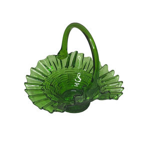 Fenton Art Glass Basket Green Basketweave 6.5 In Tall 6 In Wide